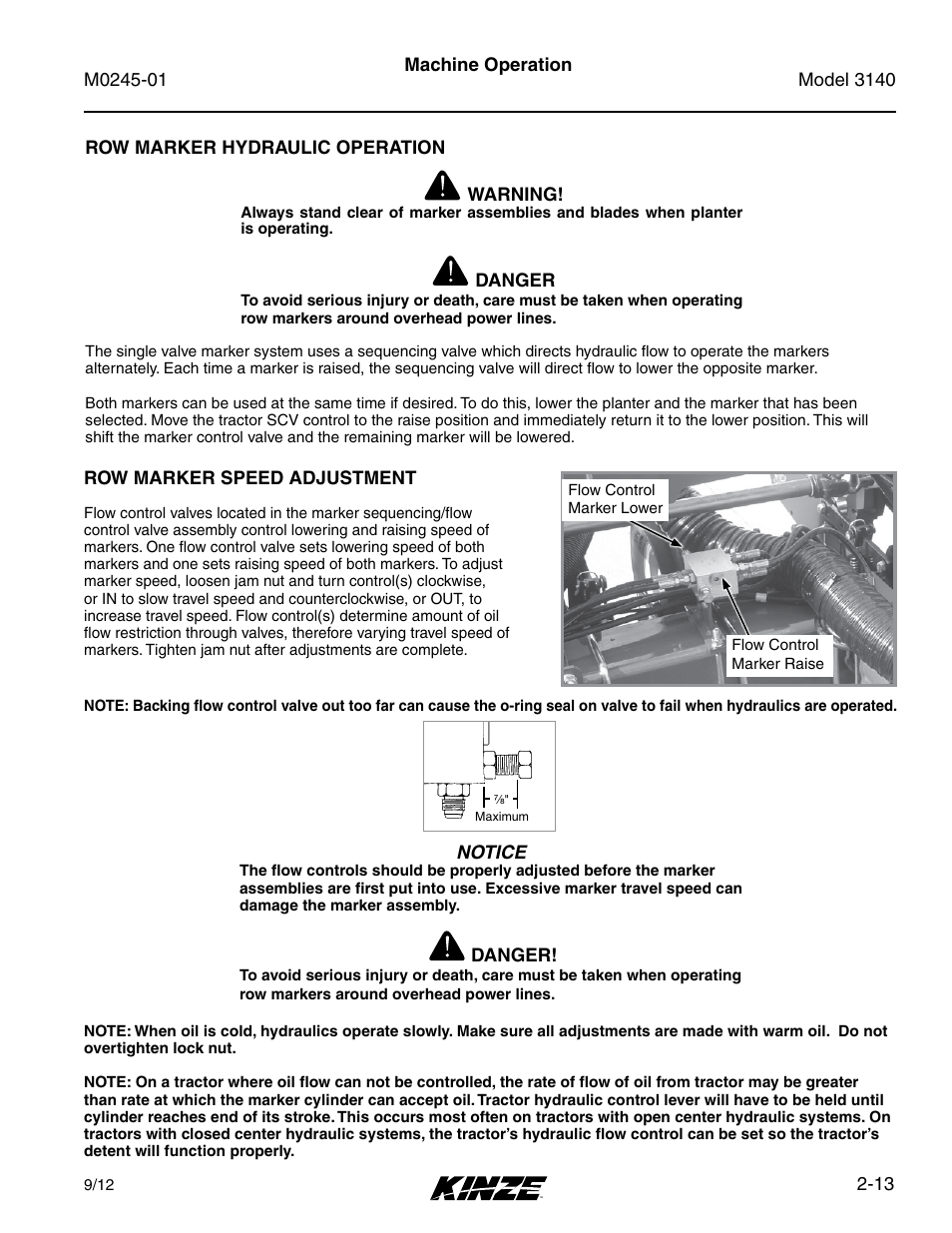 Row marker hydraulic operation, Row marker speed adjustment | Kinze 3140 Stack Fold Planter Rev. 7/14 User Manual | Page 27 / 150