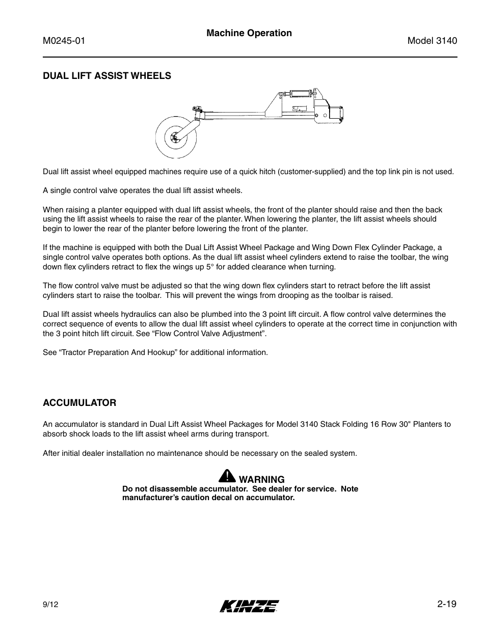 Dual lift assist wheels, Accumulator, Dual lift assist wheels -19 accumulator -19 | Kinze 3140 Stack Fold Planter Rev. 7/14 User Manual | Page 33 / 150
