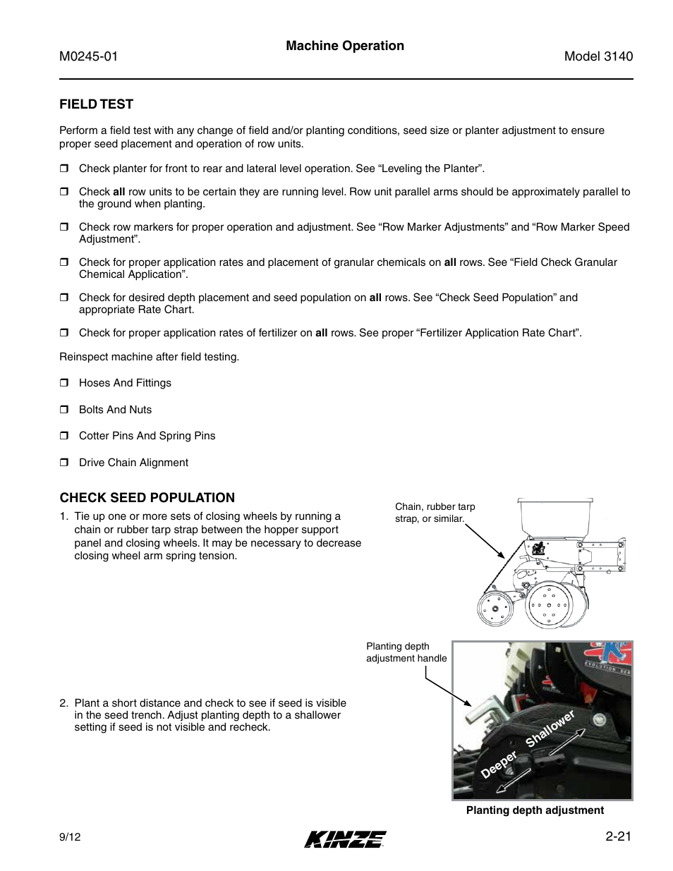 Field test, Check seed population, Field test -21 check seed population -21 | Kinze 3140 Stack Fold Planter Rev. 7/14 User Manual | Page 35 / 150