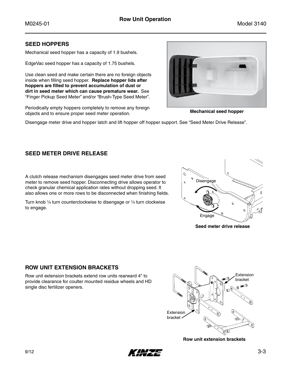 Seed hoppers, Seed meter drive release, Row unit extension brackets | Seed hoppers -3, Seed meter drive release -3, Row unit extension brackets -3 | Kinze 3140 Stack Fold Planter Rev. 7/14 User Manual | Page 41 / 150