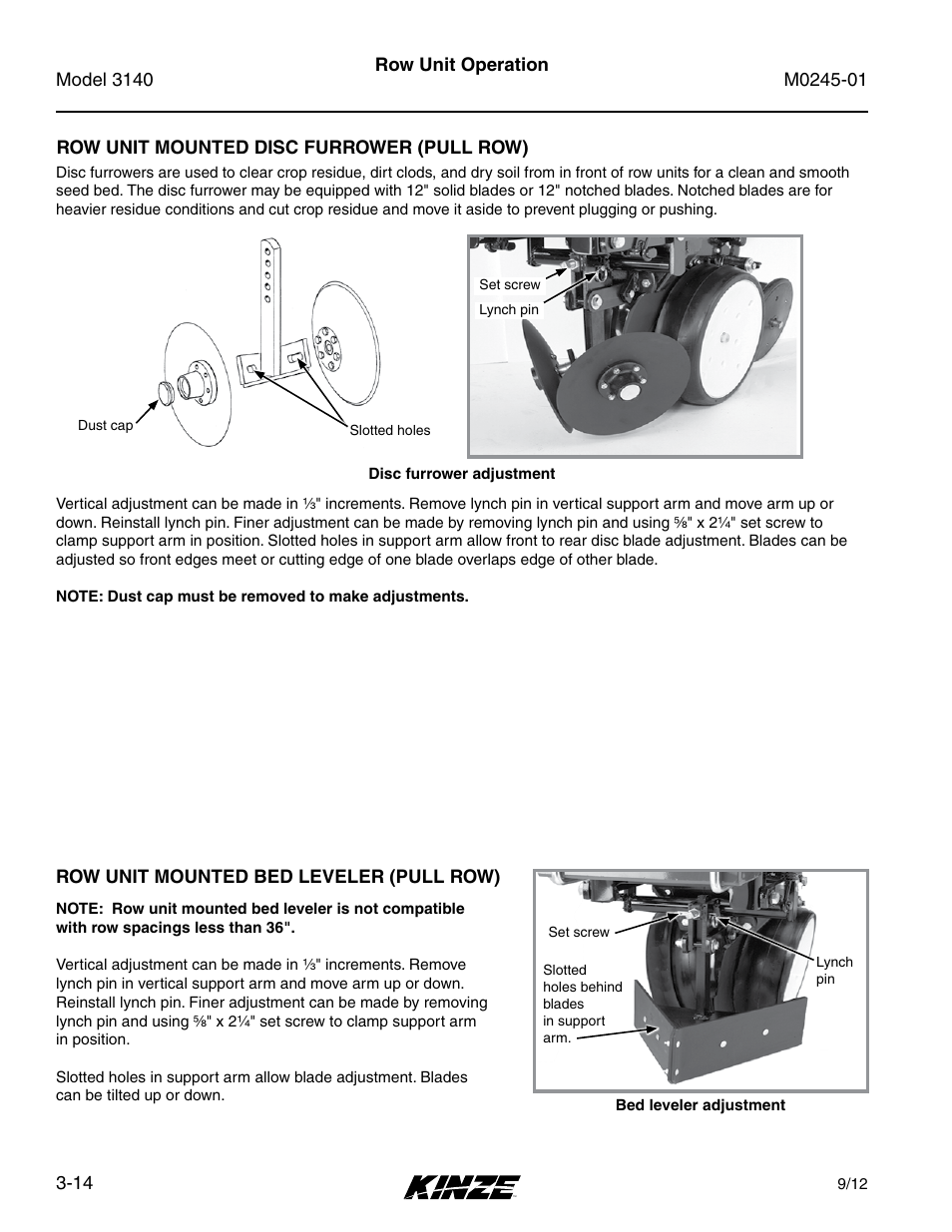 Row unit mounted disc furrower (pull row), Row unit mounted bed leveler (pull row), Row unit mounted disc furrower (pull row) -14 | Row unit mounted bed leveler (pull row) -14 | Kinze 3140 Stack Fold Planter Rev. 7/14 User Manual | Page 52 / 150