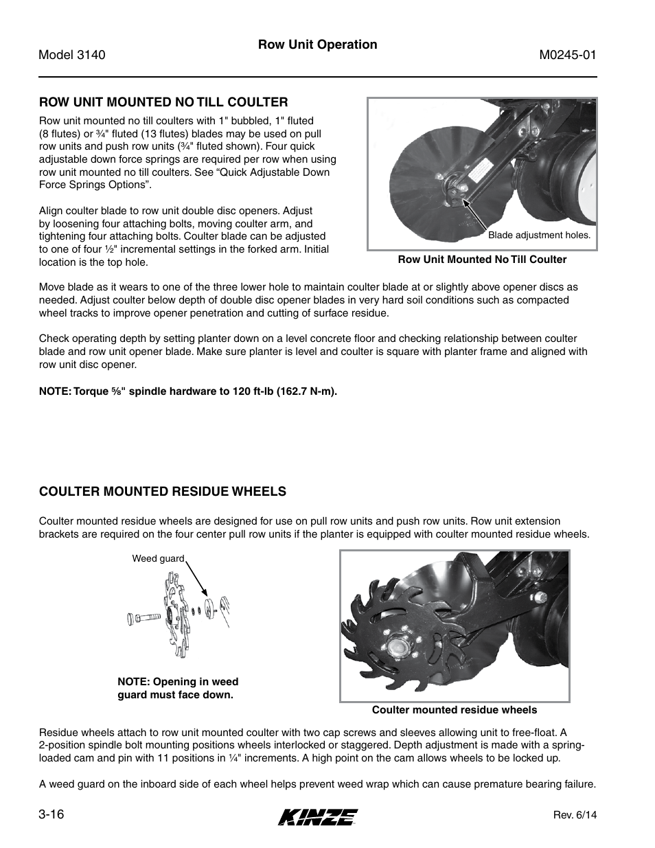 Row unit mounted no till coulter, Coulter mounted residue wheels, Row unit mounted no till coulter -16 | Coulter mounted residue wheels -16 | Kinze 3140 Stack Fold Planter Rev. 7/14 User Manual | Page 54 / 150