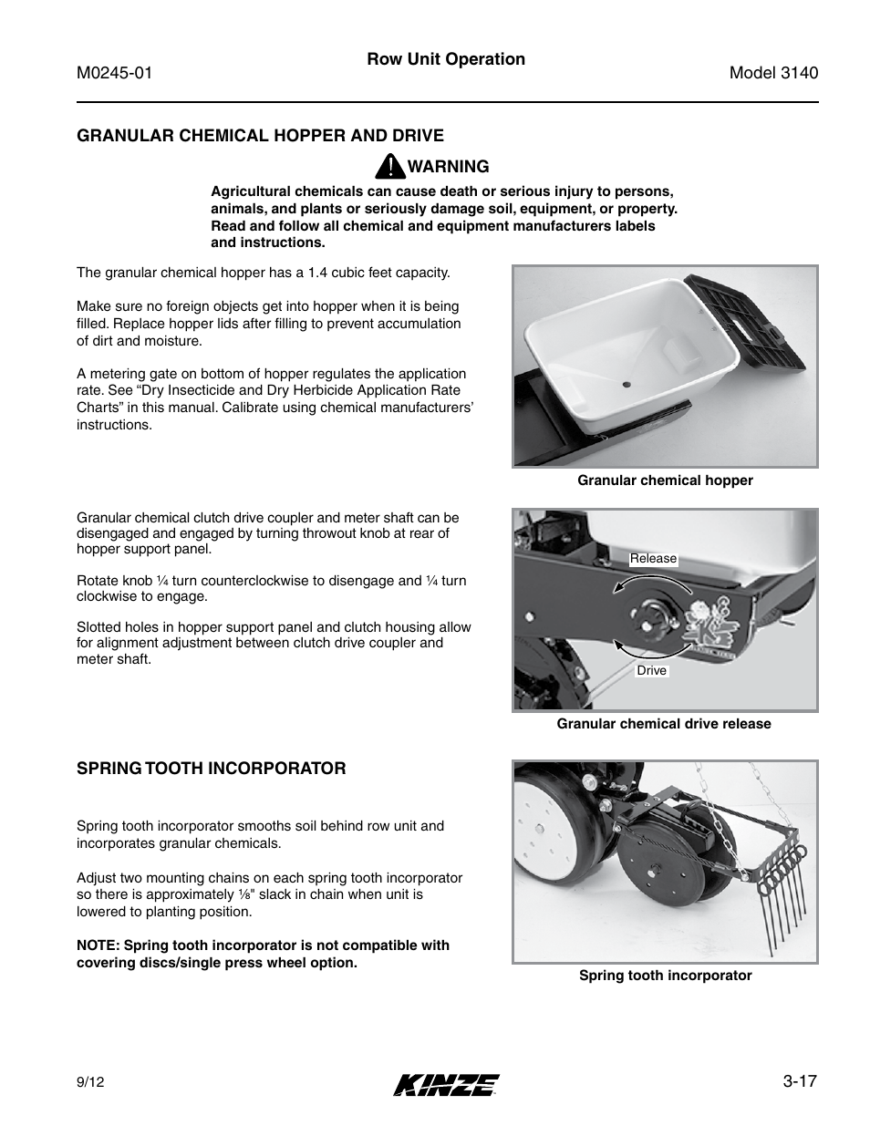 Granular chemical hopper and drive, Spring tooth incorporator, Granular chemical hopper and drive -17 | Spring tooth incorporator -17 | Kinze 3140 Stack Fold Planter Rev. 7/14 User Manual | Page 55 / 150