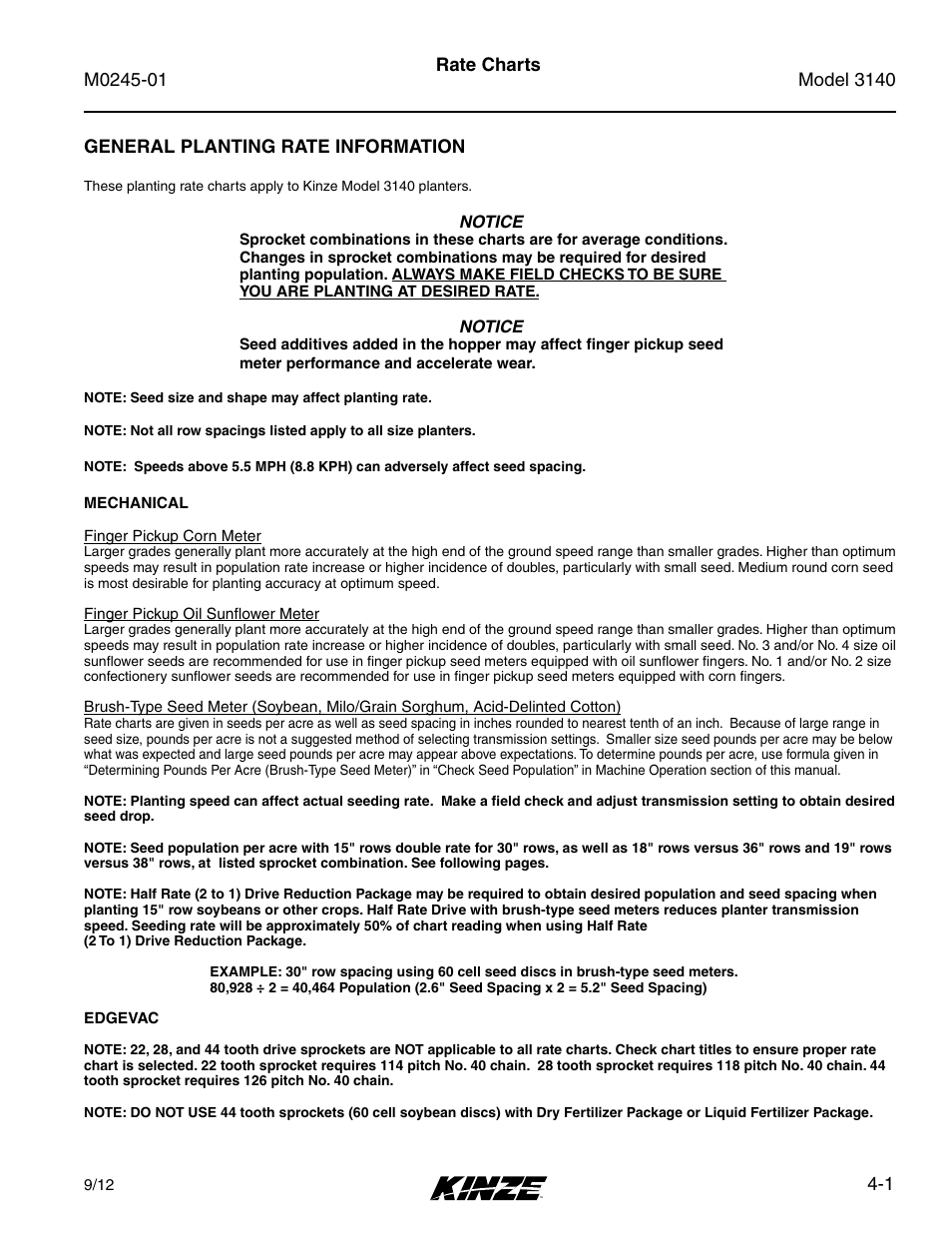 Rate charts, Rate charts -1, 1 rate charts general planting rate information | Kinze 3140 Stack Fold Planter Rev. 7/14 User Manual | Page 57 / 150