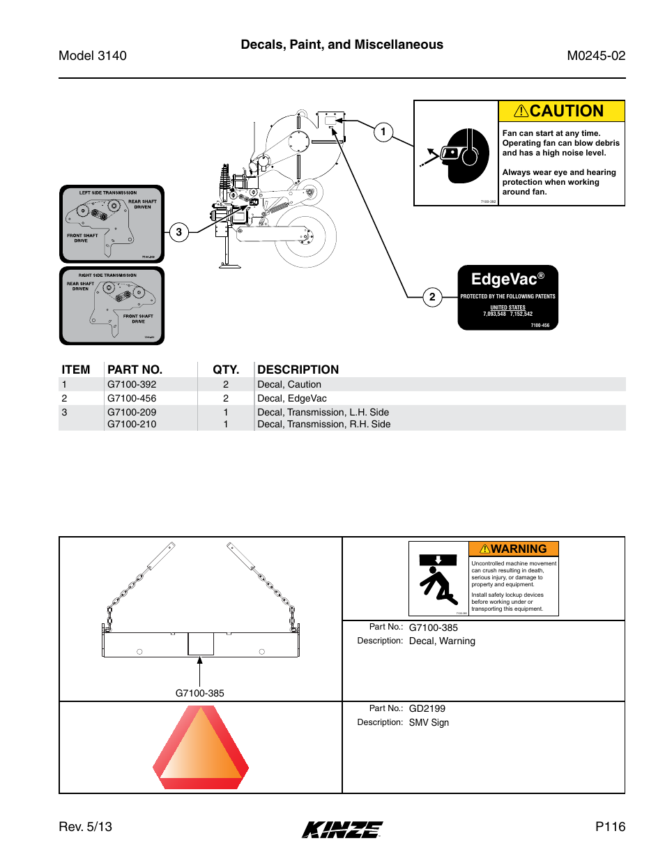 Caution, Edgevac, P116 | Decals, paint, and miscellaneous, Item part no . qty . description | Kinze 3140 Stack Fold Planter Rev. 5/14 User Manual | Page 119 / 136