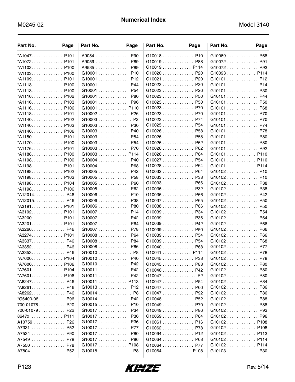 Numerical index | Kinze 3140 Stack Fold Planter Rev. 5/14 User Manual | Page 126 / 136