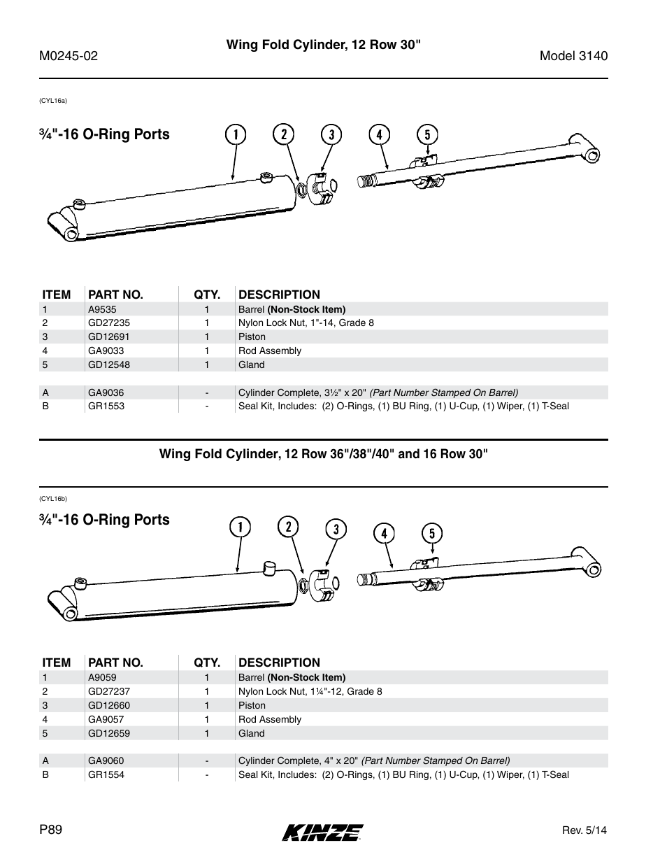Hydraulics, Wing fold cylinder, 12 row 30 | Kinze 3140 Stack Fold Planter Rev. 5/14 User Manual | Page 92 / 136