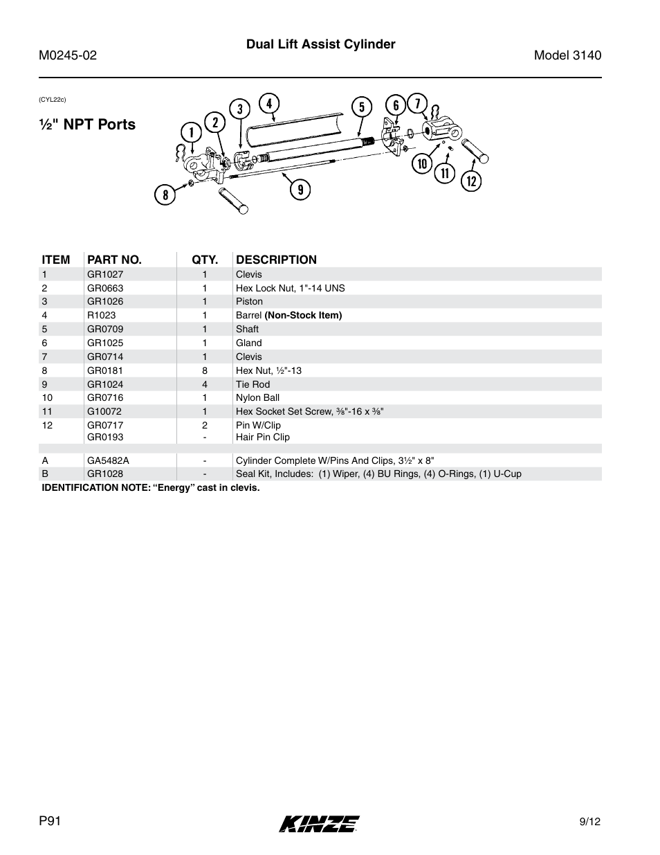 Dual lift assist cylinder, 1⁄2 " npt ports | Kinze 3140 Stack Fold Planter Rev. 5/14 User Manual | Page 94 / 136
