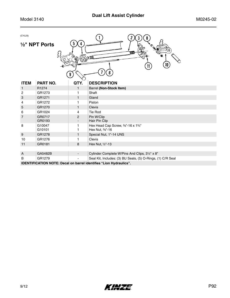 Dual lift assist cylinder, 1⁄2 " npt ports | Kinze 3140 Stack Fold Planter Rev. 5/14 User Manual | Page 95 / 136