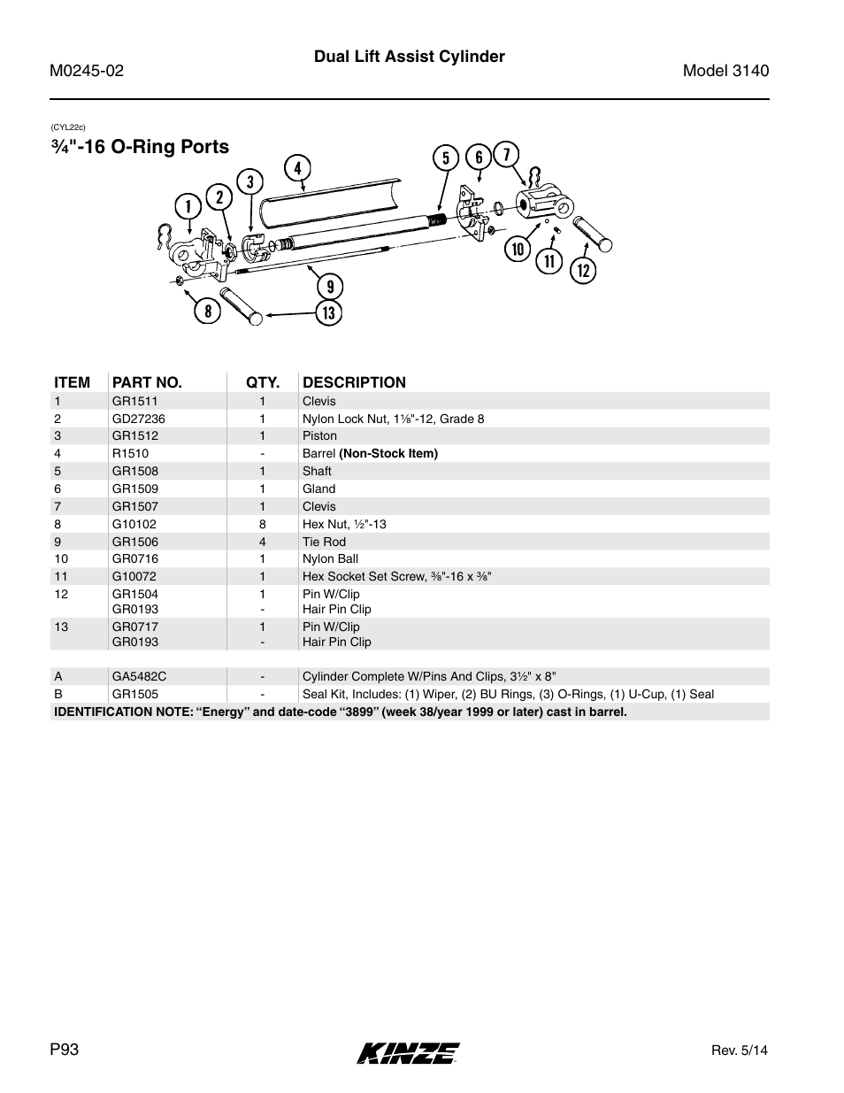 Dual lift assist cylinder, 3⁄4 "-16 o-ring ports | Kinze 3140 Stack Fold Planter Rev. 5/14 User Manual | Page 96 / 136