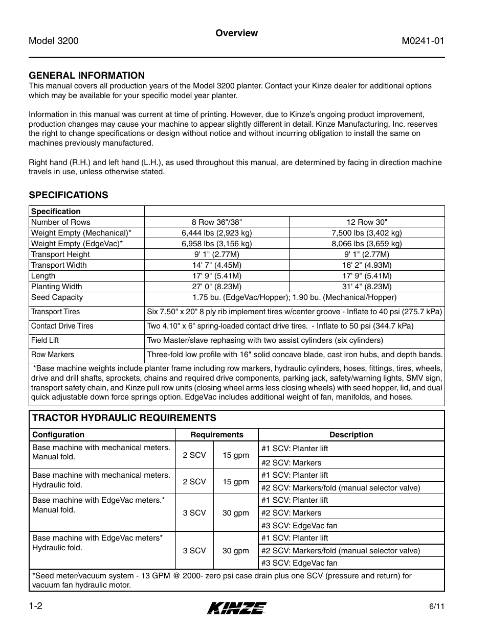 General information, Specifications, Tractor hydraulic requirements | General information -2, Specifications -2, Tractor hydraulic requirements -2 | Kinze 3200 Wing-Fold Planter Rev. 7/14 User Manual | Page 10 / 192