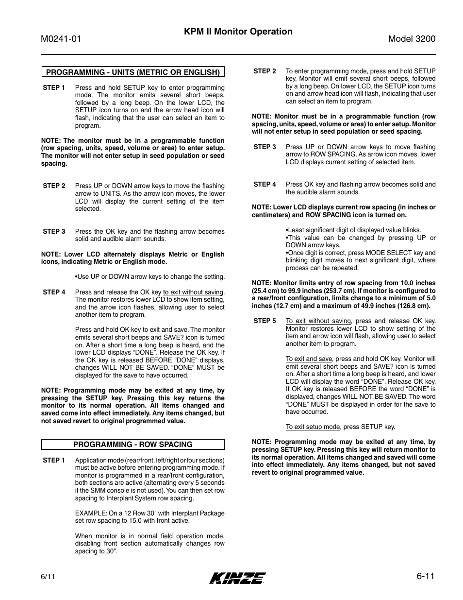Programming - row spacing -11, Programming - units (metric or english) -11, 11 kpm ii monitor operation | Kinze 3200 Wing-Fold Planter Rev. 7/14 User Manual | Page 101 / 192