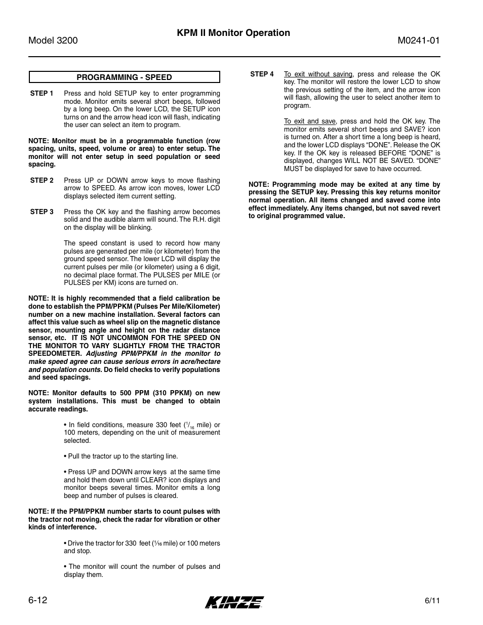 Programming - speed -12, Kpm ii monitor operation | Kinze 3200 Wing-Fold Planter Rev. 7/14 User Manual | Page 102 / 192