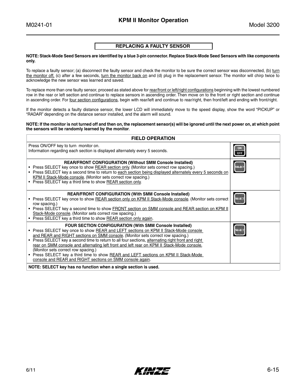 Field operation -15, Replacing a faulty sensor -15, 15 kpm ii monitor operation | Kinze 3200 Wing-Fold Planter Rev. 7/14 User Manual | Page 105 / 192