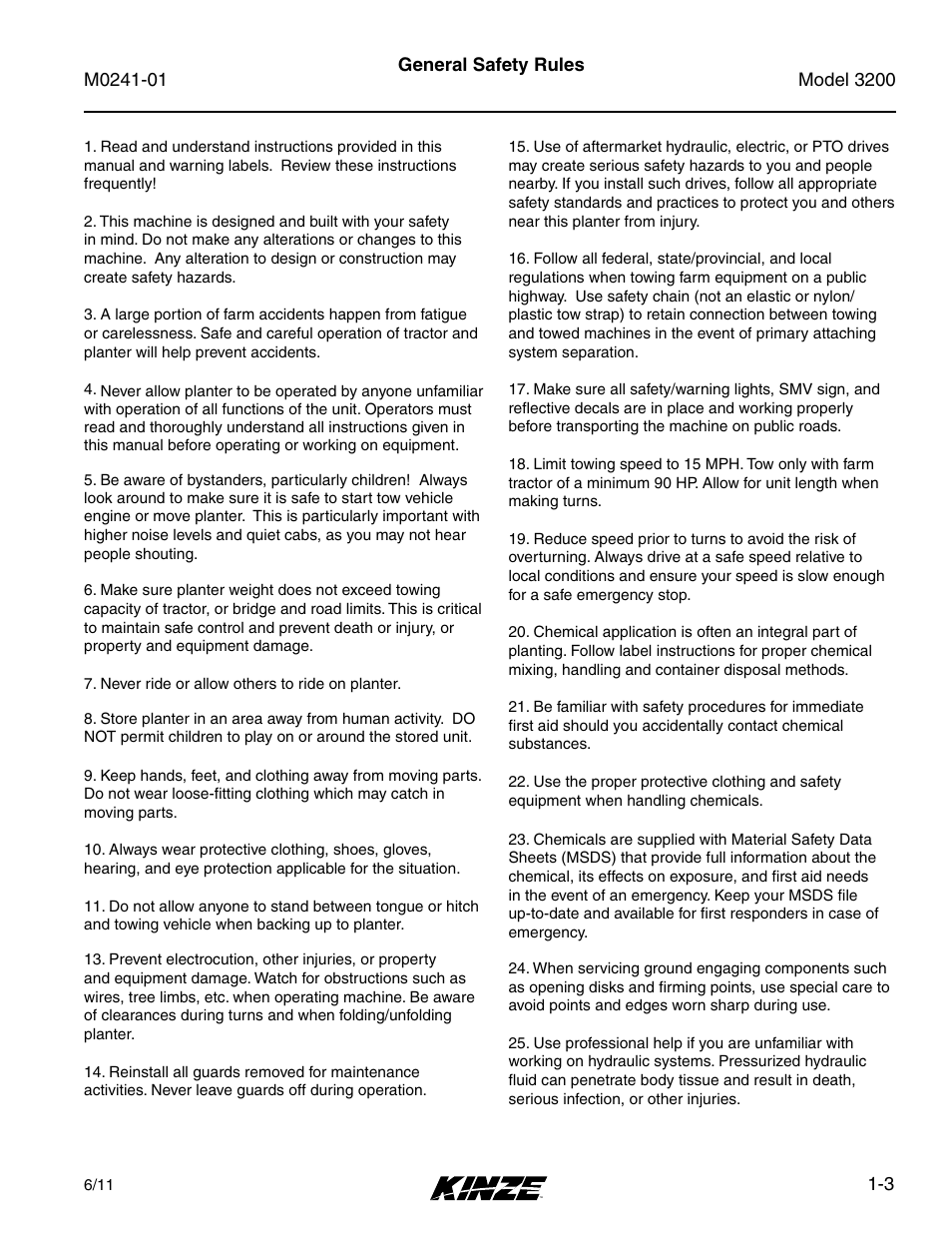 General safety rules, General safety rules -3 | Kinze 3200 Wing-Fold Planter Rev. 7/14 User Manual | Page 11 / 192