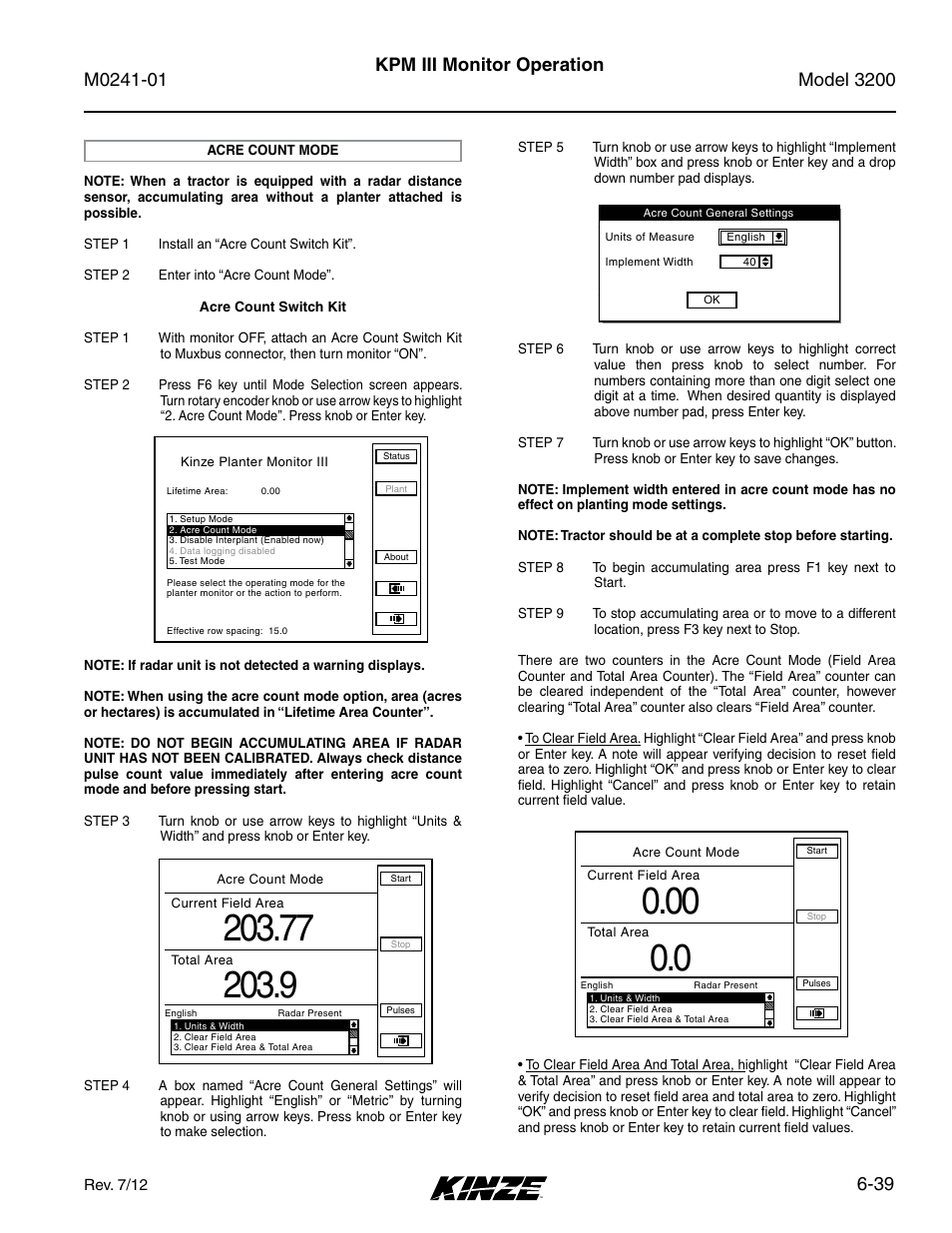 Acre count mode -39, 39 kpm iii monitor operation | Kinze 3200 Wing-Fold Planter Rev. 7/14 User Manual | Page 129 / 192