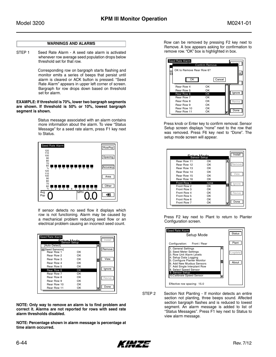 Warnings and alarms -44, Kpm iii monitor operation, Rev. 7/12 | Kinze 3200 Wing-Fold Planter Rev. 7/14 User Manual | Page 134 / 192