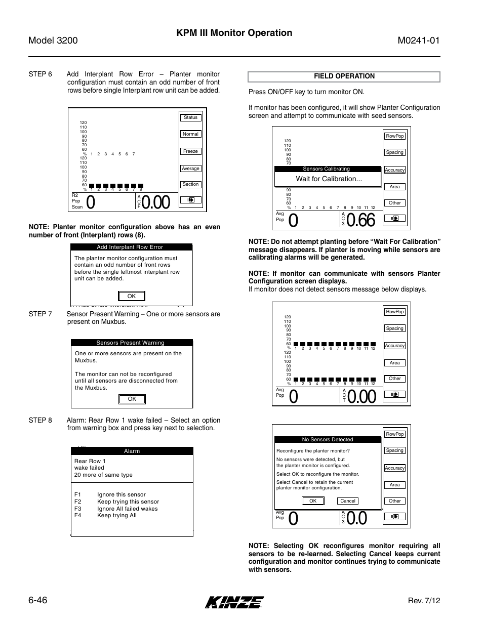 Field operation -46, Kpm iii monitor operation, Rev. 7/12 | Setup mode | Kinze 3200 Wing-Fold Planter Rev. 7/14 User Manual | Page 136 / 192