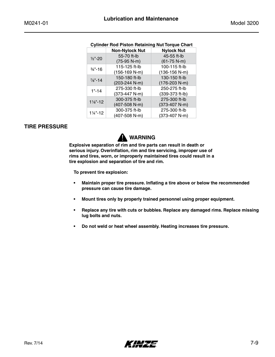 Tire pressure, Tire pressure -9 | Kinze 3200 Wing-Fold Planter Rev. 7/14 User Manual | Page 149 / 192