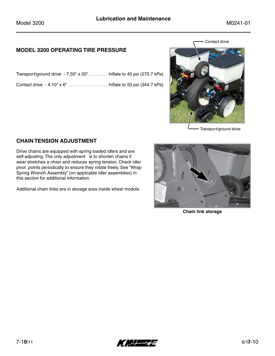 Model 3200 operating tire pressure, Chain tension adjustment, Model 3200 operating tire pressure -10 | Chain tension adjustment -10 | Kinze 3200 Wing-Fold Planter Rev. 7/14 User Manual | Page 150 / 192