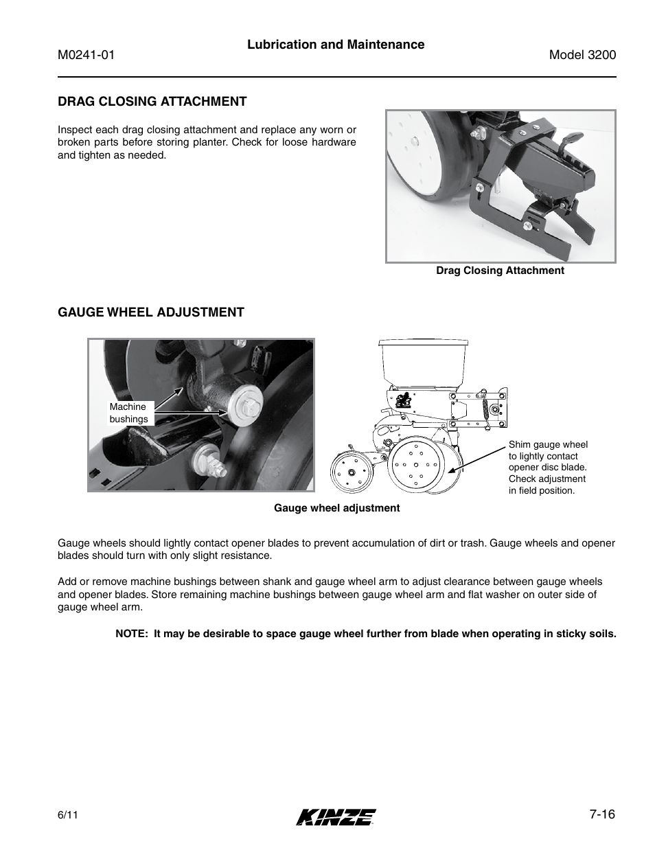 Drag closing attachment, Gauge wheel adjustment, Drag closing attachment -16 | Gauge wheel adjustment -16 | Kinze 3200 Wing-Fold Planter Rev. 7/14 User Manual | Page 156 / 192