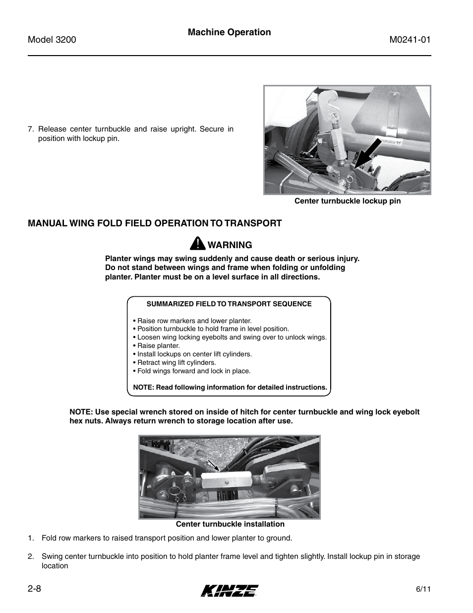 Manual wing fold field operation to transport, Manual wing fold field operation to transport -8 | Kinze 3200 Wing-Fold Planter Rev. 7/14 User Manual | Page 20 / 192