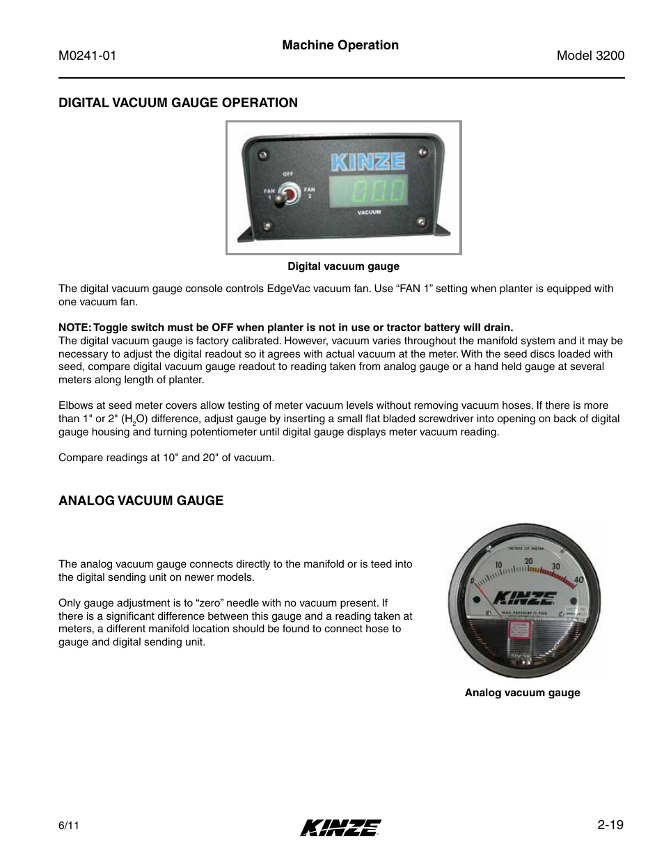 Digital vacuum gauge operation, Analog vacuum gauge, Digital vacuum gauge operation -19 | Analog vacuum gauge -19 | Kinze 3200 Wing-Fold Planter Rev. 7/14 User Manual | Page 31 / 192