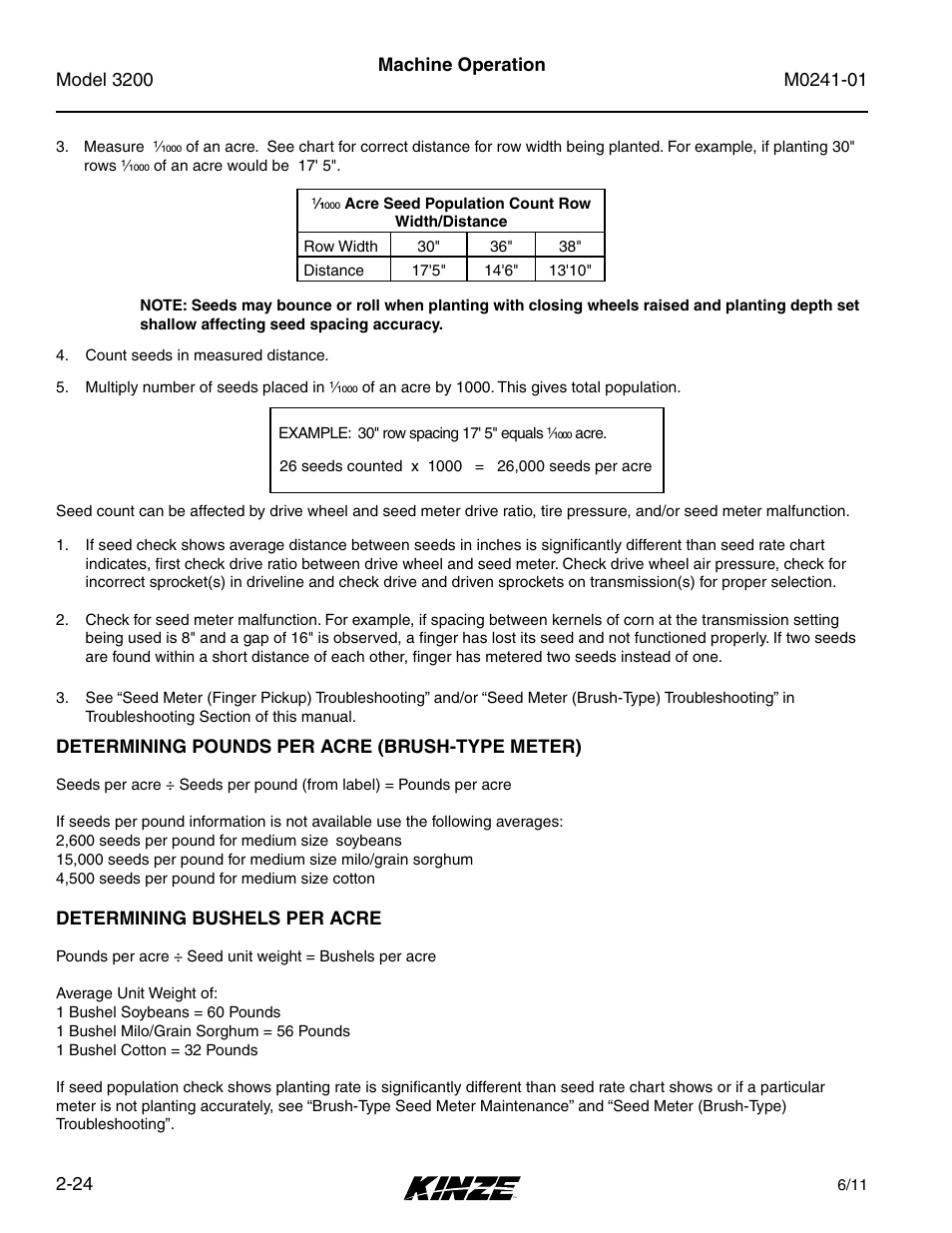 Determining pounds per acre (brush-type meter), Determining bushels per acre, Determining pounds per acre (brush-type meter) -24 | Determining bushels per acre -24 | Kinze 3200 Wing-Fold Planter Rev. 7/14 User Manual | Page 36 / 192