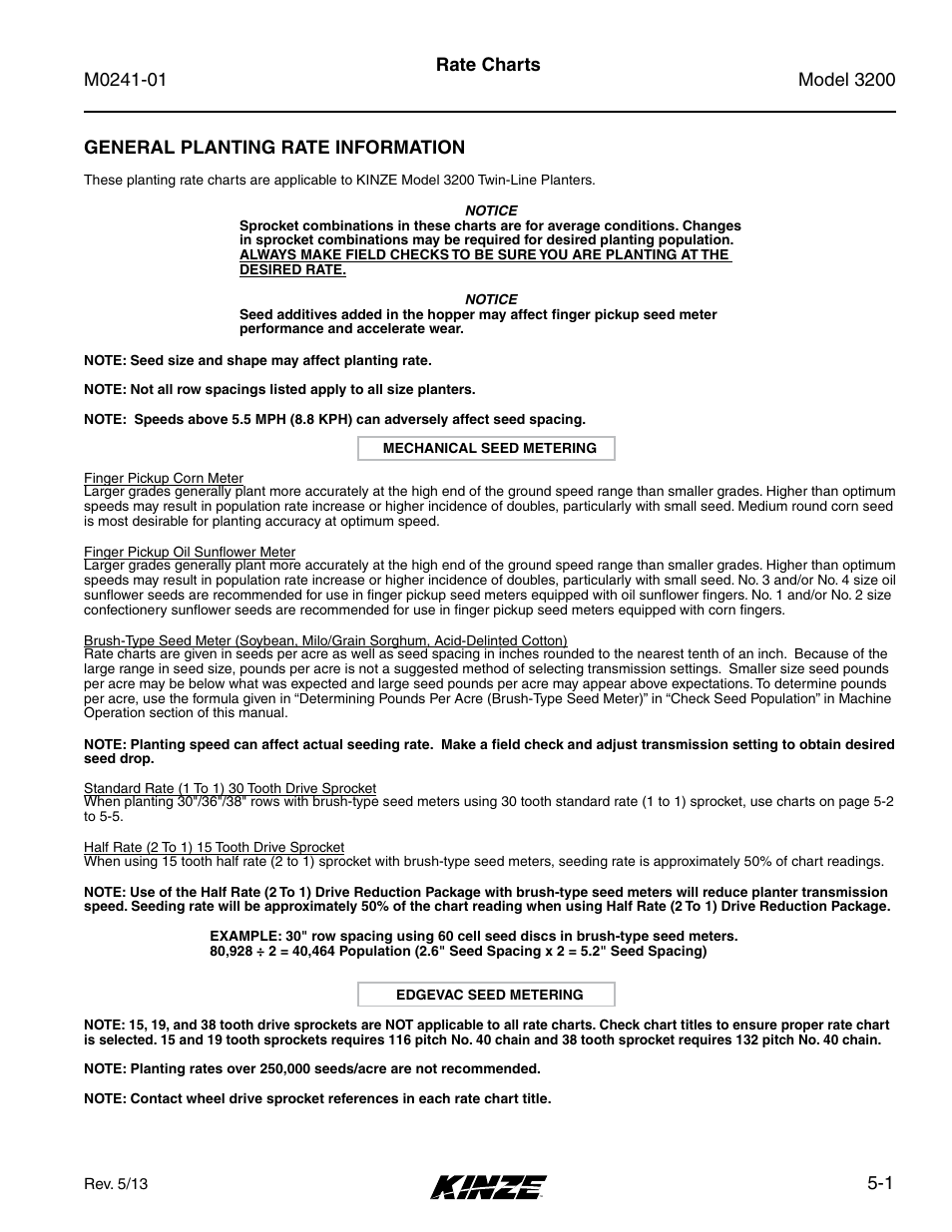 Rate charts, Rate charts -1, 1 rate charts general planting rate information | Kinze 3200 Wing-Fold Planter Rev. 7/14 User Manual | Page 67 / 192