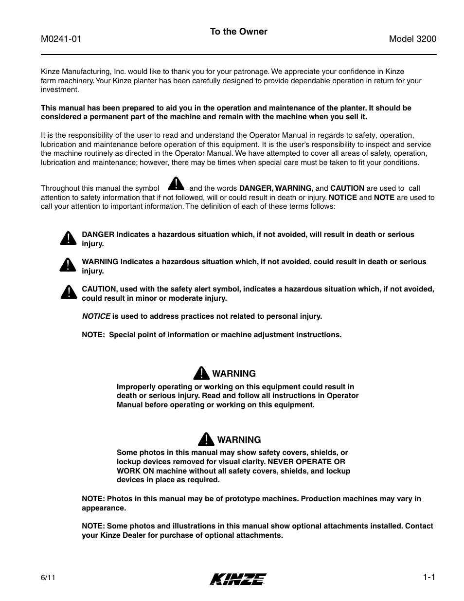Overview, To the owner, To the owner -1 | Kinze 3200 Wing-Fold Planter Rev. 7/14 User Manual | Page 9 / 192