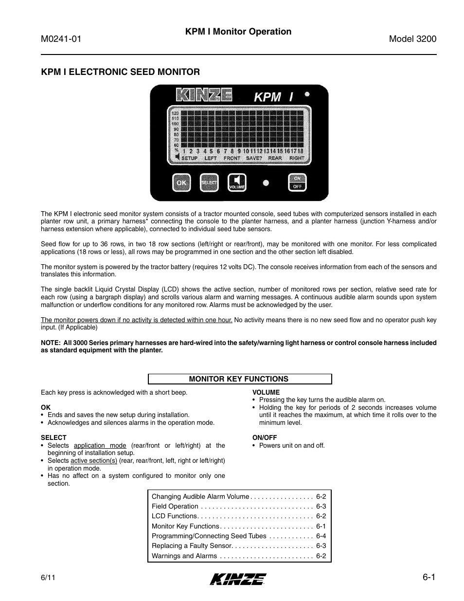 Monitor operation, Kpm i electronic seed monitor, Kpm i electronic seed monitor -1 | 1 kpm i monitor operation | Kinze 3200 Wing-Fold Planter Rev. 7/14 User Manual | Page 91 / 192