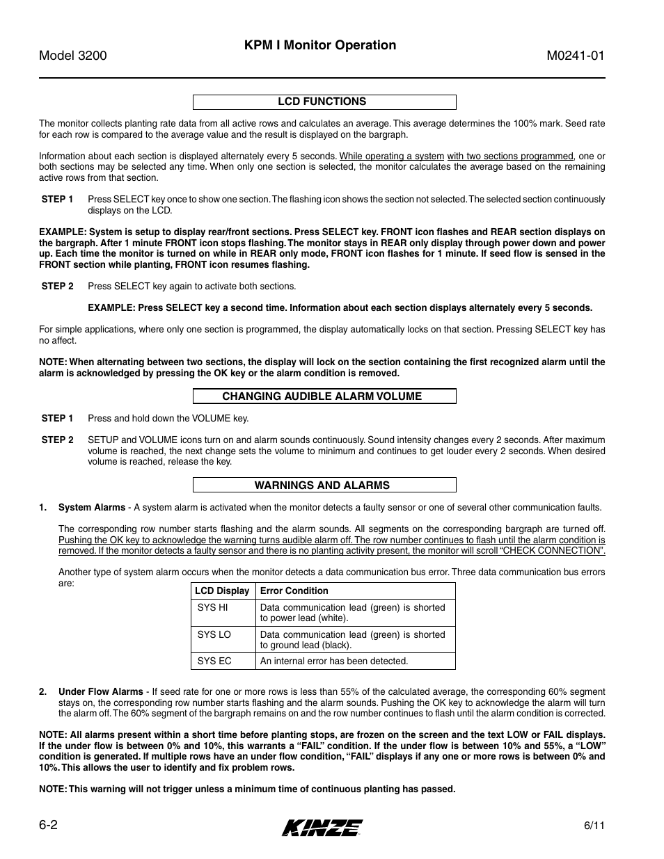 Changing audible alarm volume -2, Lcd functions -2, Warnings and alarms -2 | Kpm i monitor operation | Kinze 3200 Wing-Fold Planter Rev. 7/14 User Manual | Page 92 / 192