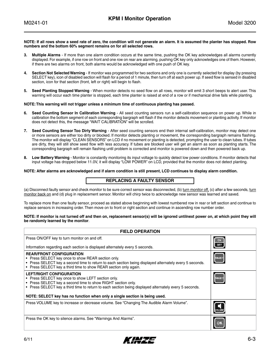 Field operation -3, Replacing a faulty sensor -3, 3 kpm i monitor operation | Kinze 3200 Wing-Fold Planter Rev. 7/14 User Manual | Page 93 / 192