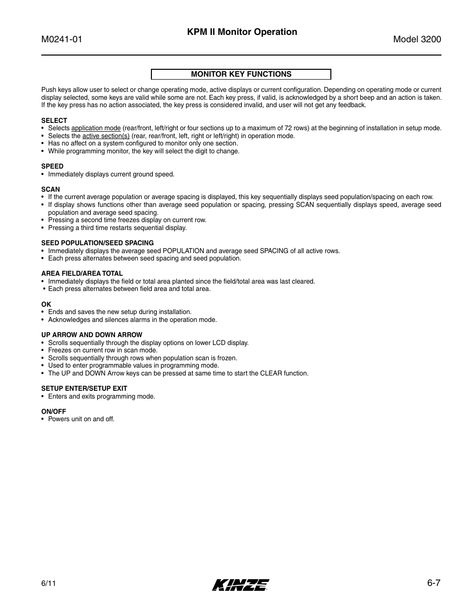 Monitor key functions -7, 7 kpm ii monitor operation | Kinze 3200 Wing-Fold Planter Rev. 7/14 User Manual | Page 97 / 192