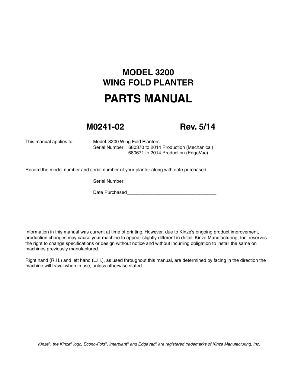 Kinze 3200 Wing-Fold Planter Rev. 5/14 User Manual | 166 pages