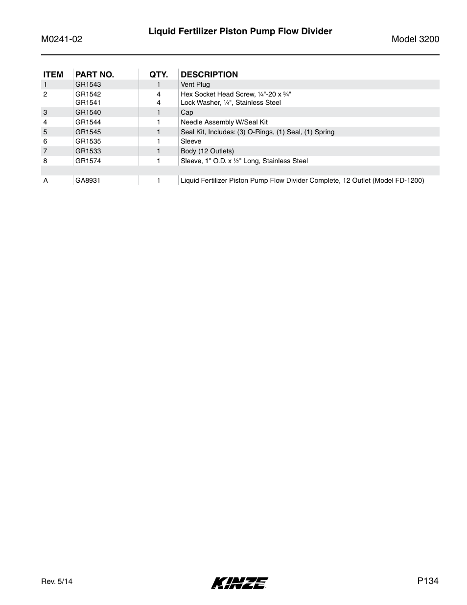 Liquid fertilizer piston pump flow divider, P134 | Kinze 3200 Wing-Fold Planter Rev. 5/14 User Manual | Page 137 / 166