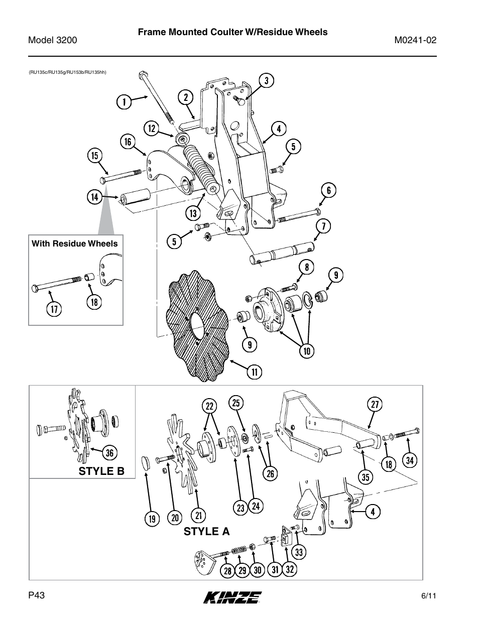 Frame mounted coulter w/residue wheels, Style a style b | Kinze 3200 Wing-Fold Planter Rev. 5/14 User Manual | Page 46 / 166