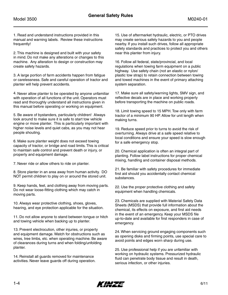 General safety rules, General safety rules -4 | Kinze 3500 Lift and Rotate Planter Rev. 7/14 User Manual | Page 10 / 140