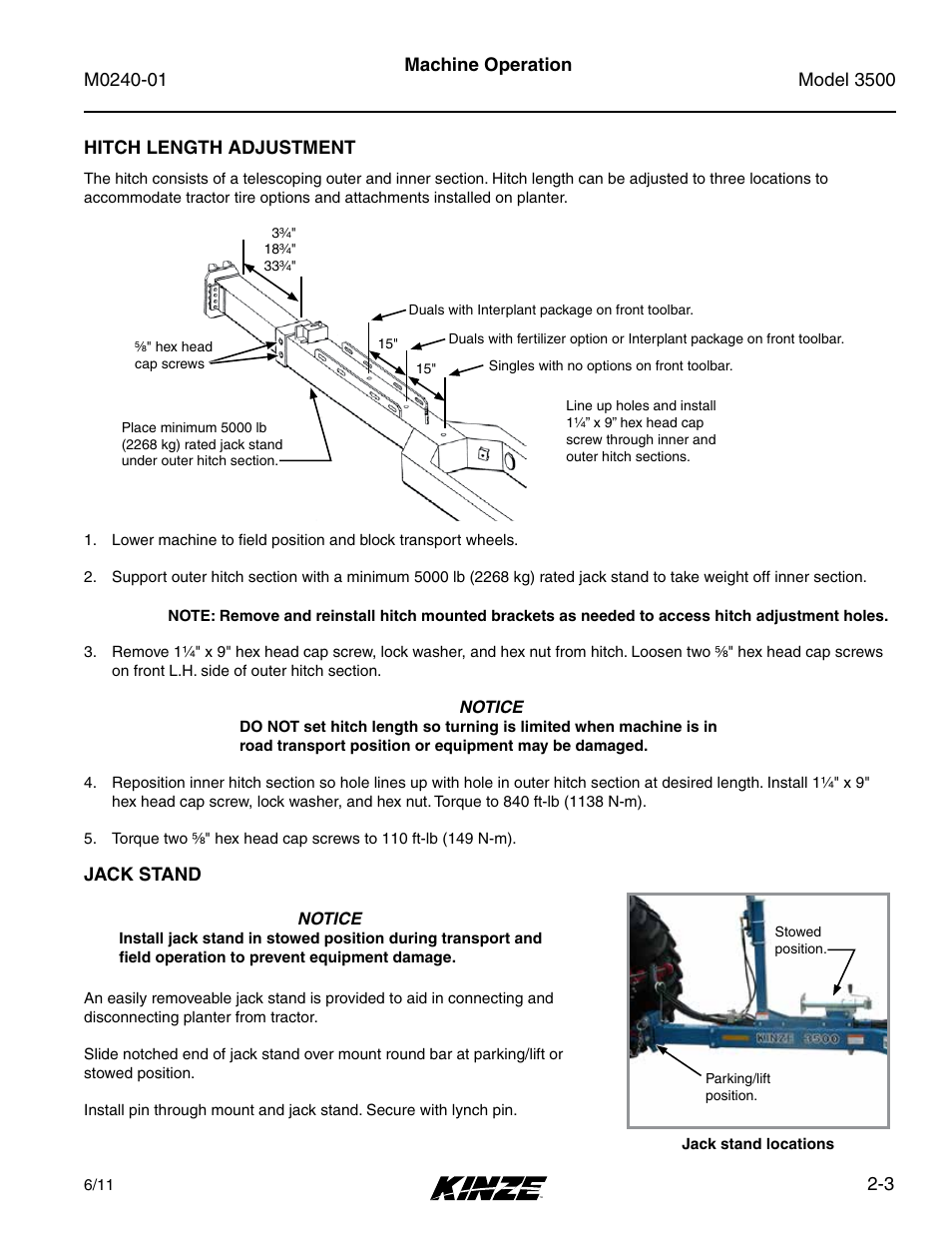 Hitch length adjustment, Jack stand, Hitch length adjustment -3 | Jack stand -3 | Kinze 3500 Lift and Rotate Planter Rev. 7/14 User Manual | Page 15 / 140