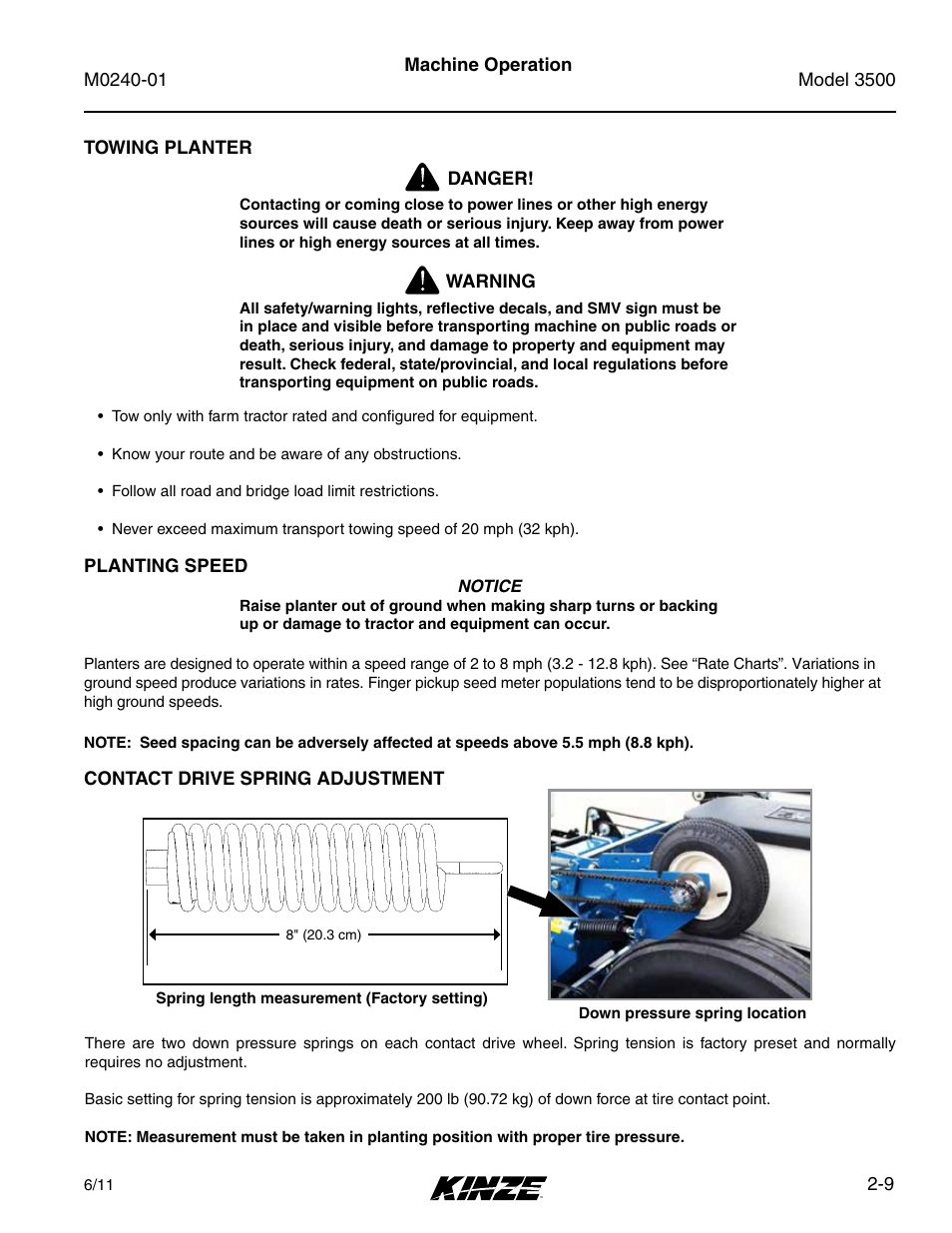 Towing planter, Planting speed, Contact drive spring adjustment | Towing planter -9, Planting speed -9, Contact drive spring adjustment -9 | Kinze 3500 Lift and Rotate Planter Rev. 7/14 User Manual | Page 21 / 140