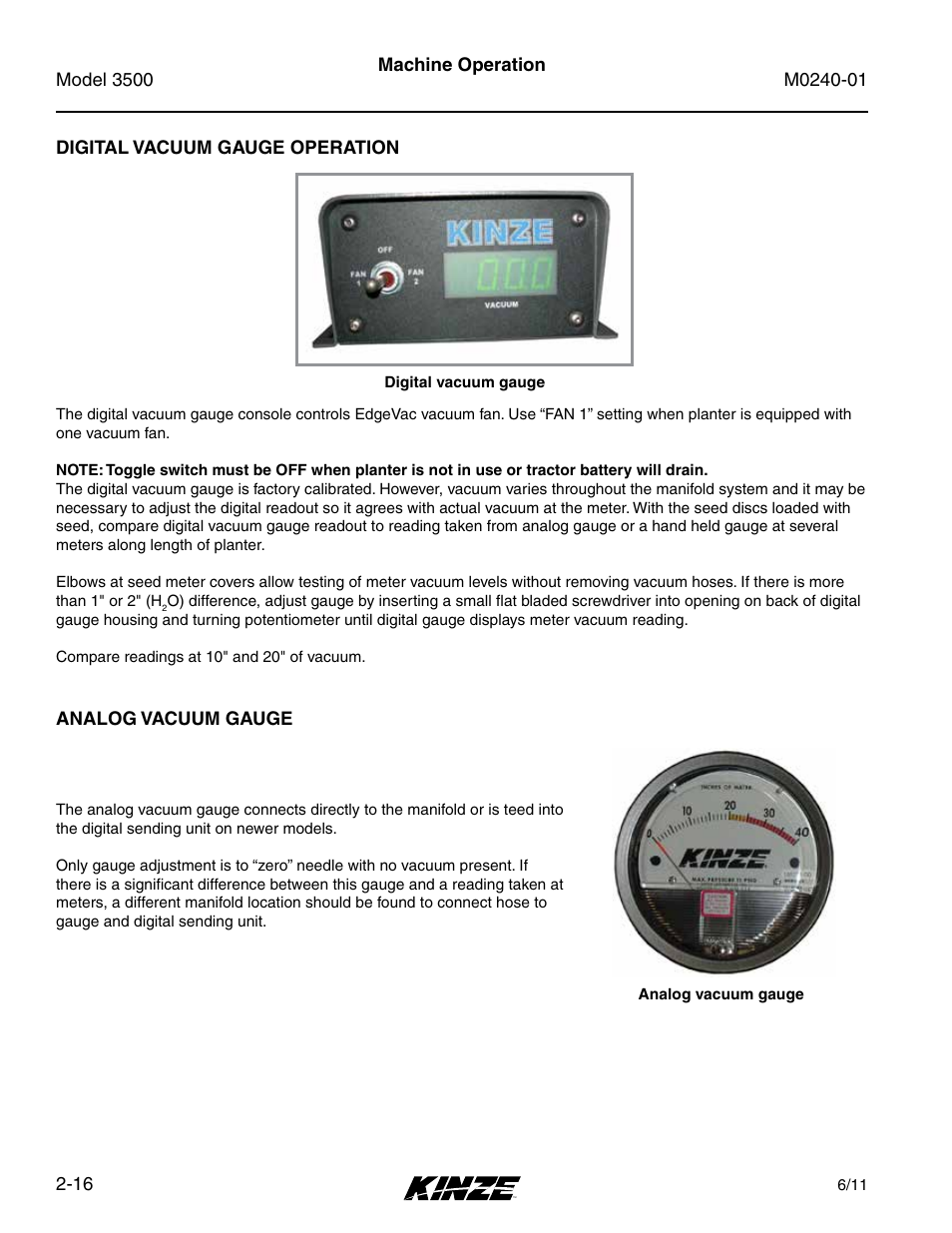Digital vacuum gauge operation, Analog vacuum gauge, Digital vacuum gauge operation -16 | Analog vacuum gauge -16 | Kinze 3500 Lift and Rotate Planter Rev. 7/14 User Manual | Page 28 / 140
