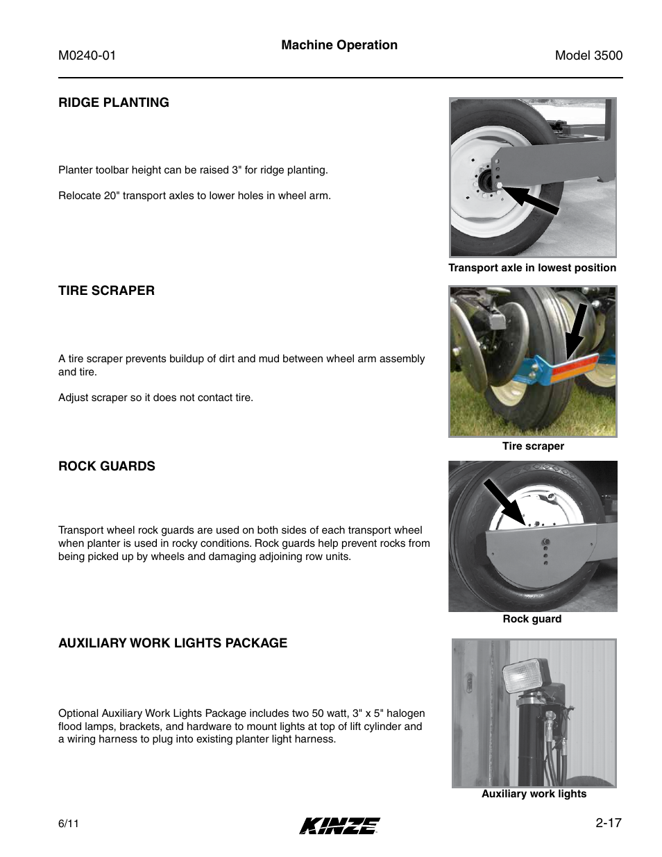 Ridge planting, Tire scraper, Rock guards | Auxiliary work lights package, Ridge planting -17, Tire scraper -17, Rock guards -17, Auxiliary work lights package -17 | Kinze 3500 Lift and Rotate Planter Rev. 7/14 User Manual | Page 29 / 140