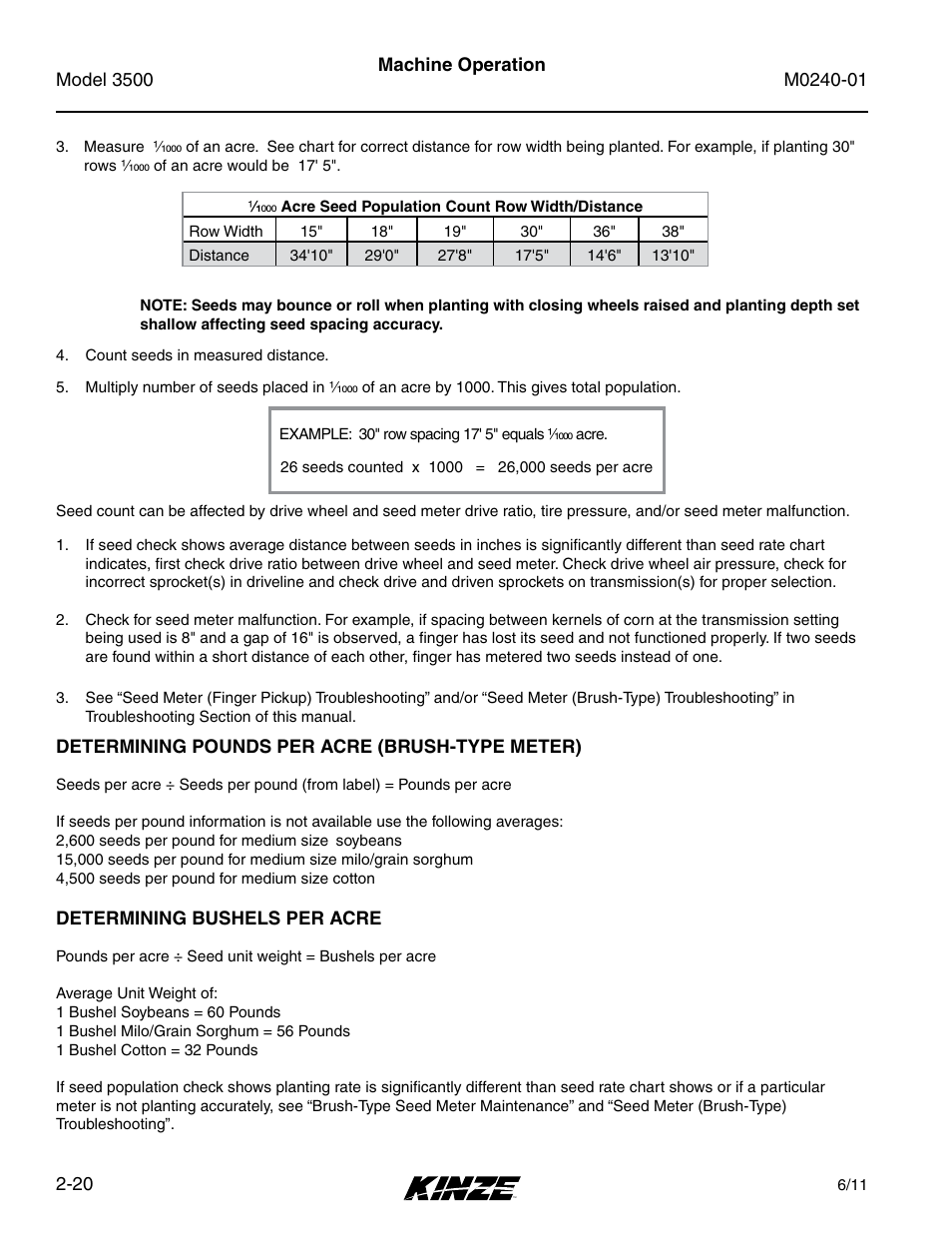 Determining pounds per acre (brush-type meter), Determining bushels per acre, Determining pounds per acre (brush-type meter) -20 | Determining bushels per acre -20 | Kinze 3500 Lift and Rotate Planter Rev. 7/14 User Manual | Page 32 / 140