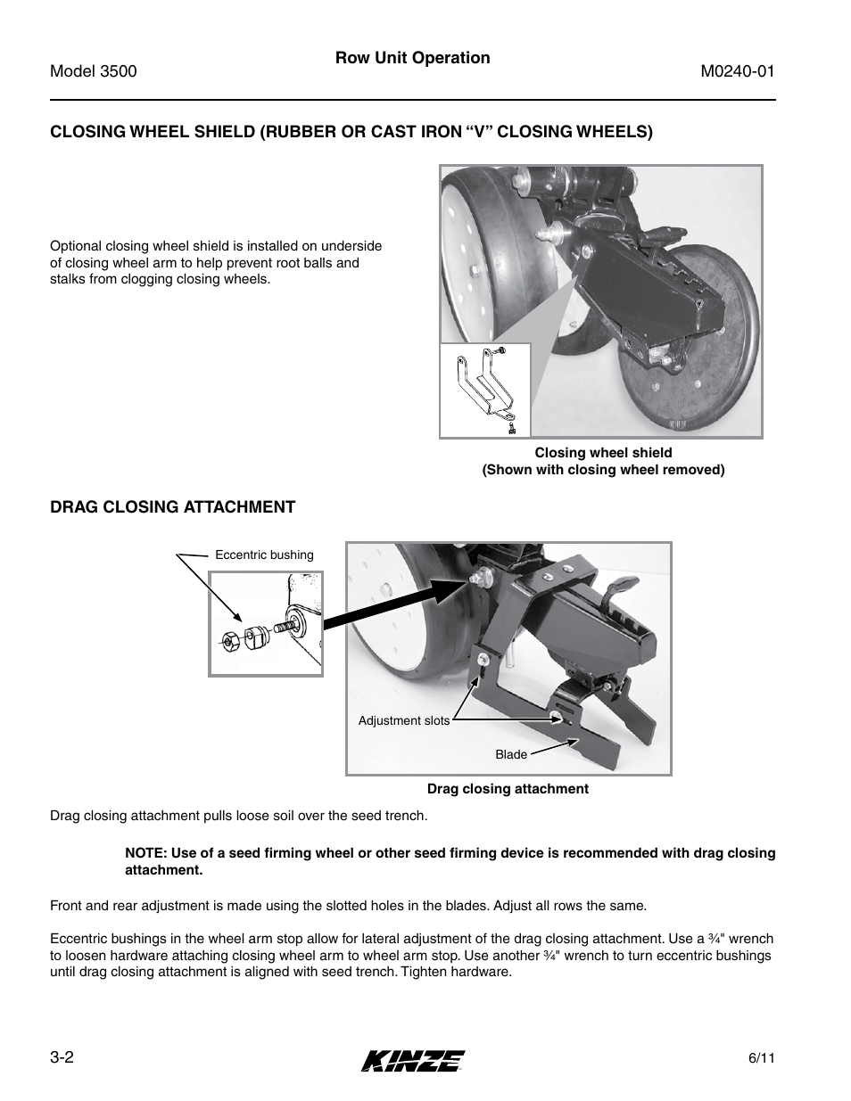 Drag closing attachment, Wheels) -2, Drag closing attachment -2 | Kinze 3500 Lift and Rotate Planter Rev. 7/14 User Manual | Page 36 / 140