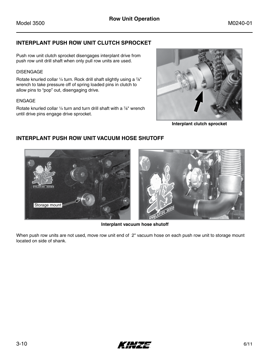 Interplant push row unit clutch sprocket, Interplant push row unit vacuum hose shutoff, Interplant push row unit clutch sprocket -10 | Interplant push row unit vacuum hose shutoff -10 | Kinze 3500 Lift and Rotate Planter Rev. 7/14 User Manual | Page 44 / 140