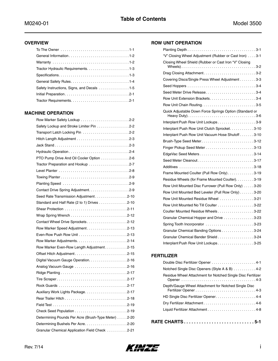 Kinze 3500 Lift and Rotate Planter Rev. 7/14 User Manual | Page 5 / 140
