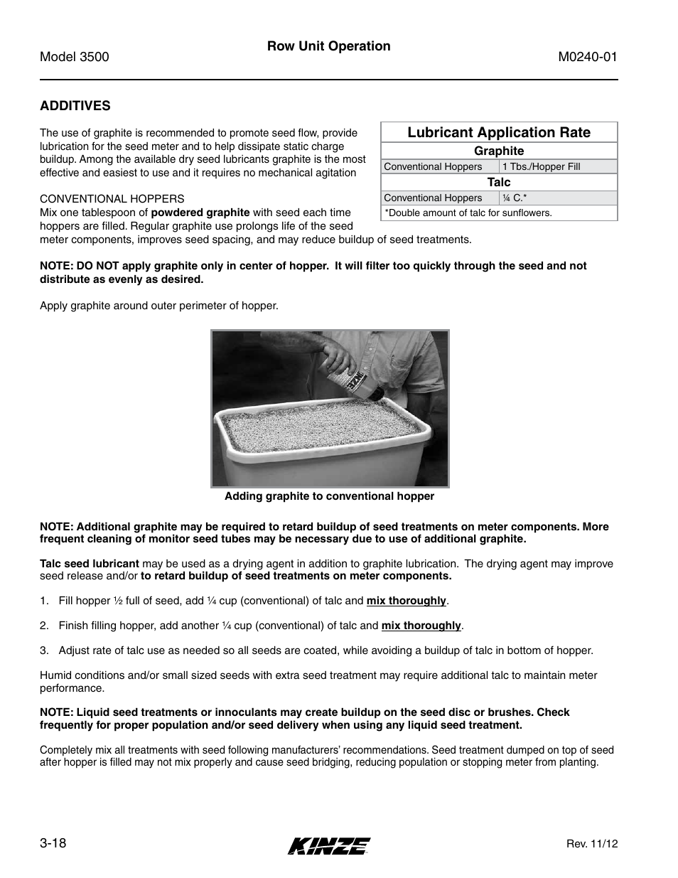 Additives, Additives -18, Lubricant application rate | Kinze 3500 Lift and Rotate Planter Rev. 7/14 User Manual | Page 52 / 140