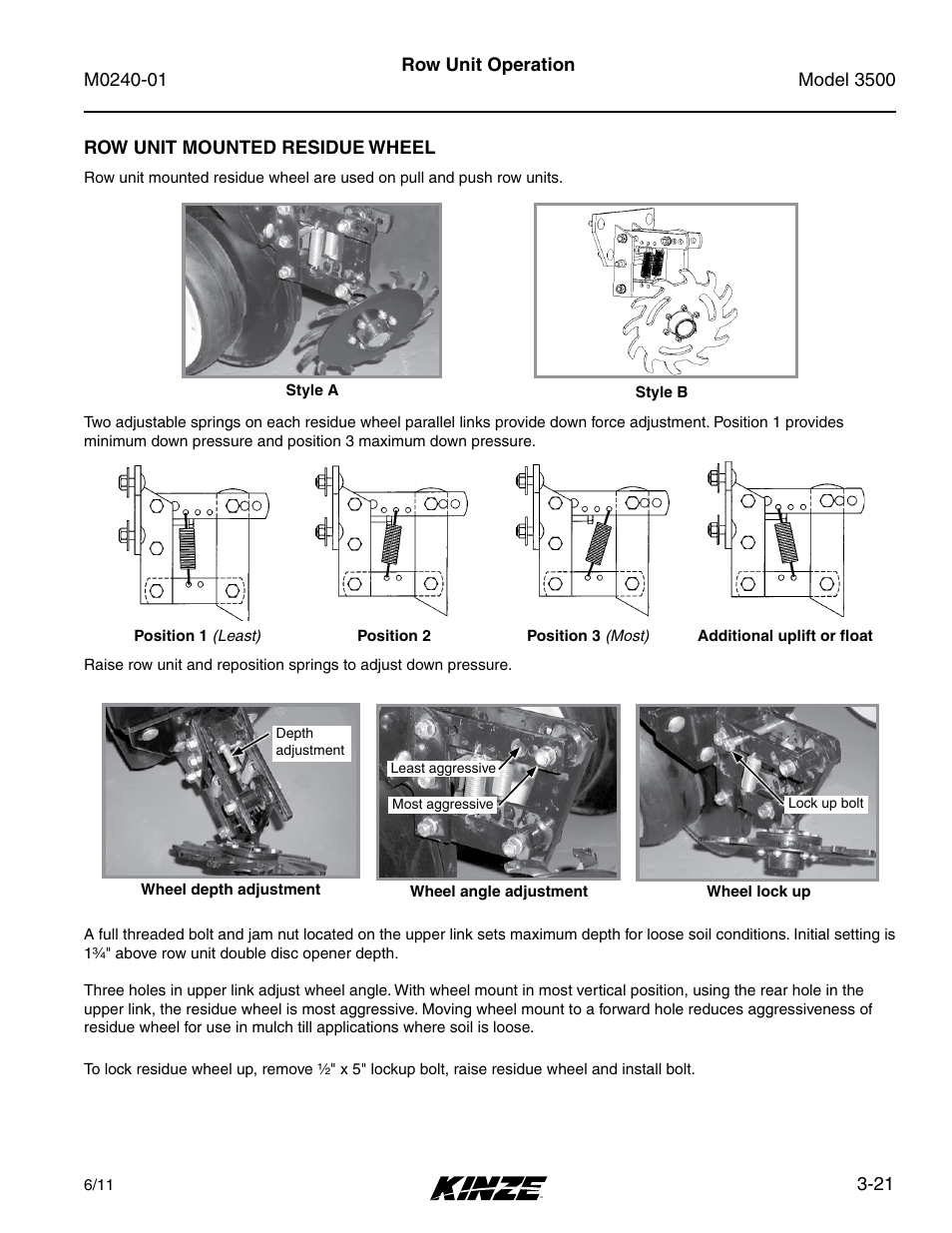 Row unit mounted residue wheel, Row unit mounted residue wheel -21 | Kinze 3500 Lift and Rotate Planter Rev. 7/14 User Manual | Page 55 / 140