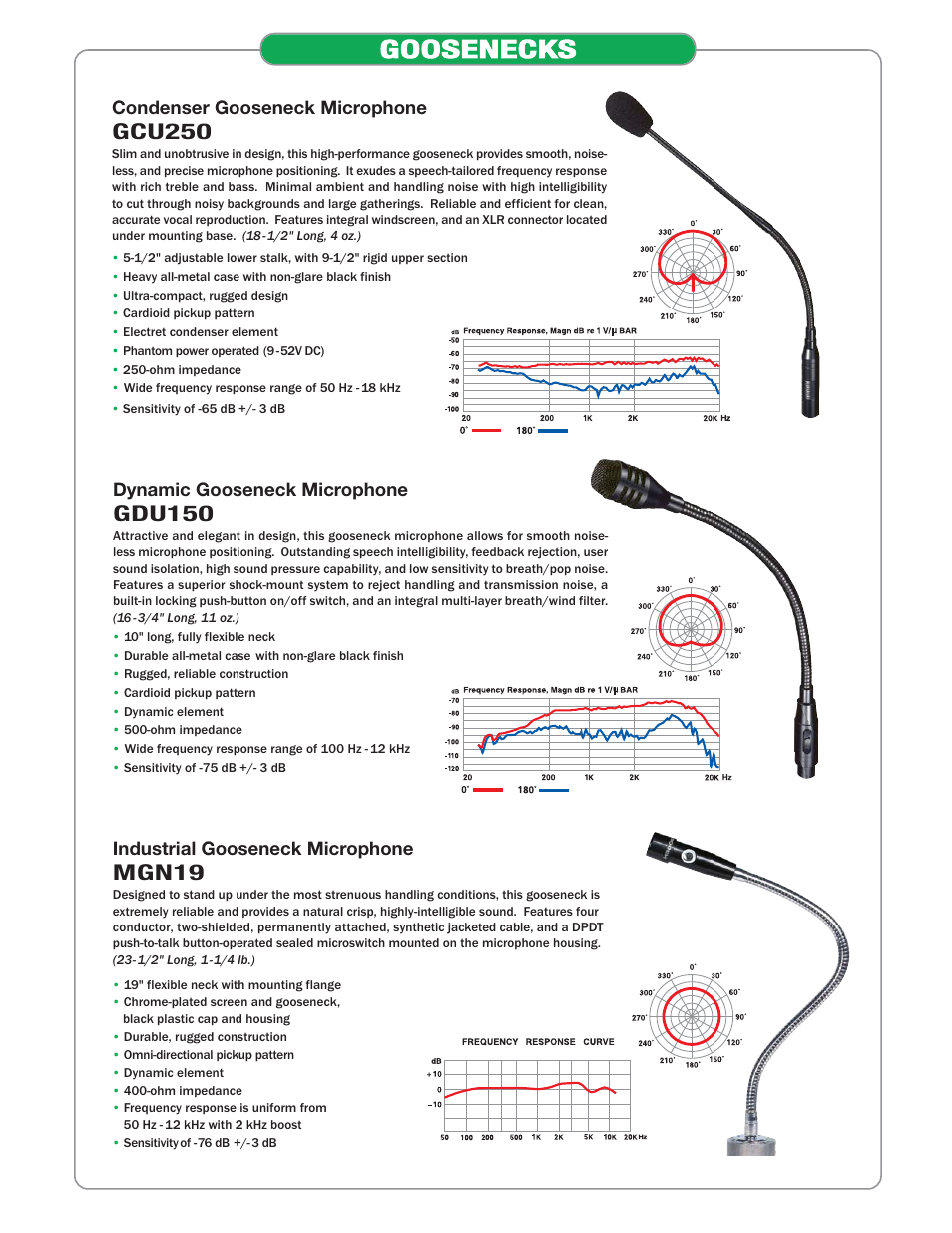 Goosenecks, Gcu250, Gdu150 | Mgn19, Condenser gooseneck microphone, Dynamic gooseneck microphone, Industrial gooseneck microphone | Bogen Microphones User Manual | Page 5 / 8