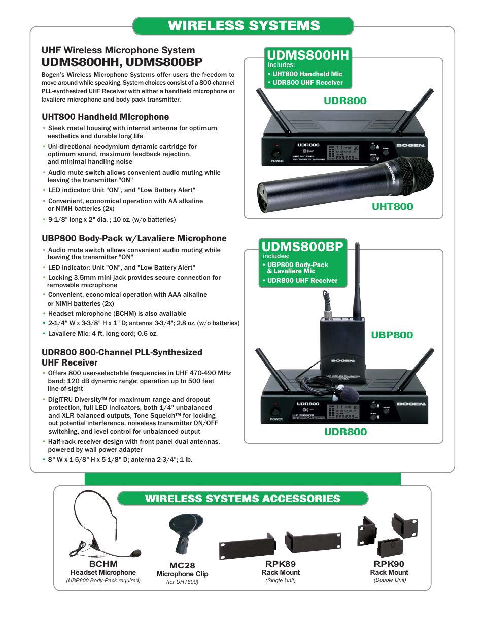 Udms800hh, Udms800bp, Wireless systems | Bogen Microphones User Manual | Page 6 / 8